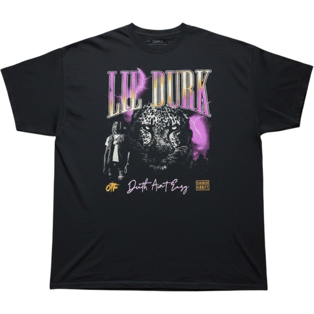 Lil Durk Shirt Mens 2XL Black Death Aint Easy Leopard OTF Graphic Tee Tagless
